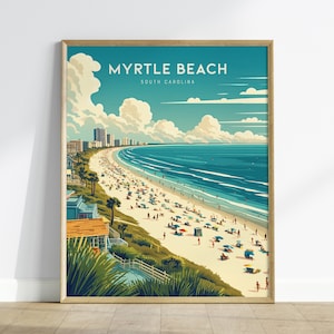 Myrtle Beach Reiseplakat gerahmt, South Carolina Wandkunst, South Carolina Druck, Myrtle Beach Poster, Urlaubsplakat, Strand Airbnb Decor