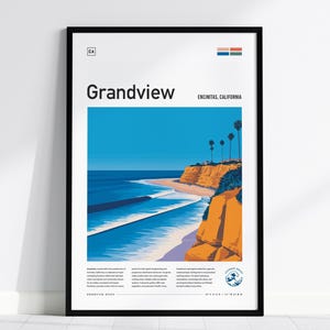 Grandview Surf Spot Encinitas California Framed Poster North San Diego Beach Wave Travel Print Surfer Decor Surfing Minimal Design Gift