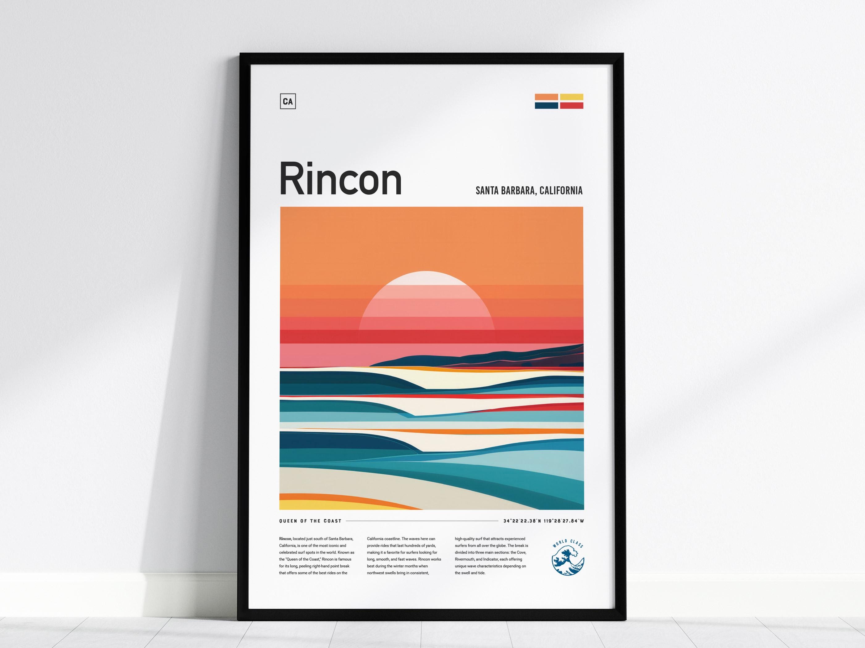 Rincon California Surf Spot Framed Poster, Ventura Surfer Wall Art, CA Surf Travel Print, Santa Barbara Beach House Modern Surfing Wave Gift