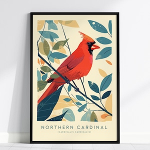 Arte de pared enmarcado moderno con pájaro cantor cardenal rojo, póster de vida silvestre de naturaleza minimalista de estilo cottagecore, impresión de viaje con decoración científica de Audubon, regalo para observadores de aves