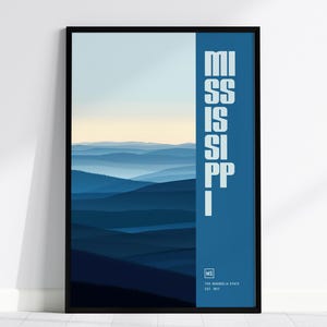 Póster del estado de Mississippi, The Magnolia - Tonos azules abstractos, disponible con o sin marco, perfecto para la decoración del hogar y la decoración de paredes de Mississippi.