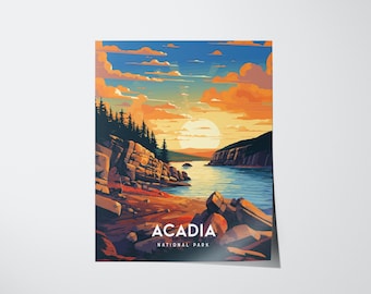 Puede incluir: Un póster que presenta un paisaje vibrante del Parque Nacional Acadia. La obra de arte representa una puesta de sol sobre una bahía con orillas rocosas, acantilados y un bosque. El texto "ACADIA NATIONAL PARK" se muestra en la parte inferior.