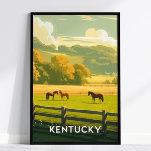 Póster del estado de Kentucky, pasto, destilería de bourbon, arte mural - Impresión de póster de viaje con caballos del Derby de Kentucky, naturaleza del sudeste, estilo cottagecore, regalo campestre