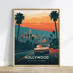 Póster de viaje enmarcado de Hollywood, impresión de póster de Hollywood Los Ángeles, impresión de viaje personalizada de Hollywood, póster de viaje personalizado, decoración del hogar