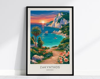 Zakynthos Travel Poster, Greece Matte Wall Art Print, Coastal Beach Decor, Tropical Sunset Artwork