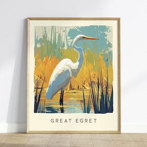 Biała czapla, Floryda Ptaki Dzikie Zwierzęta Oprawione Ścienne Sztuka: Plakat z Ptakami Przyrodniczymi Projekt Podróży Wydruk Jezioro Dom Plaża Domek Ptaki Dekoracje Zestaw zdjęcie 1
