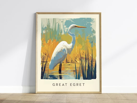 Great Egret, Florida Birds Wildlife Framed Wall Art: Native Bird Nature Poster Design Travel Print Lake Home Beach Cottage Birder Decor Set