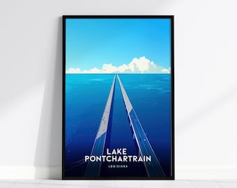 Stampa della strada rialzata del lago Pontchartrain: arte costiera della Louisiana, poster di viaggio moderno, con o senza cornice
