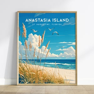 Arte de pared enmarcado del parque estatal de la isla Anastasia, San Agustín, Florida: colección de impresiones de viajes con diseño de póster de olas de playa, juego de decoración para el hogar y la oficina
