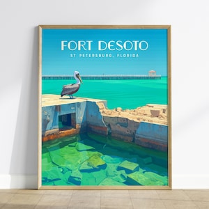 Parque Estadual Fort Desoto, São Petersburgo, Flórida, Arte de parede emoldurada - Design de pôster da natureza do pelicano de São Petersburgo, impressão de viagem, conjunto de decoração para casa de praia