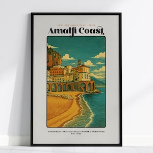 Poster di viaggio vintage della Costiera Amalfitana: stampa artistica della costa italiana