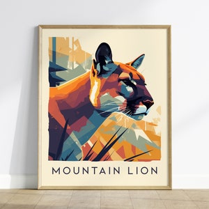 Mountain Lion, Wildlife Series, Big Cat Framed Wall Art - North American Cougar Puma Nature Poster Design Print California Cabin Decor Set