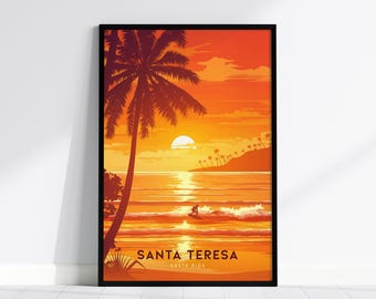 Stampa di surf di Santa Teresa, Costa Rica: poster retrò con tramonto tropicale, arte murale con o senza cornice