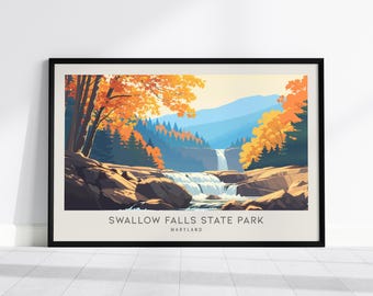 Swallow Falls State Park Travel Poster, Landscape Matte Wall Art, Maryland Destination Print