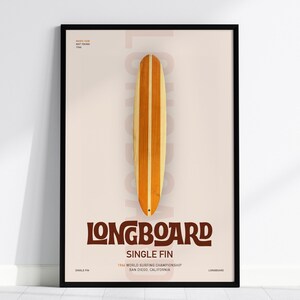 May include: Framed poster featuring a vertical surfboard design. The surfboard is light brown with darker brown stripes. The word "LONGBOARD" is printed in a brown, stylized font below the surfboard. The poster includes text about the 1966 World Surfing Championship.