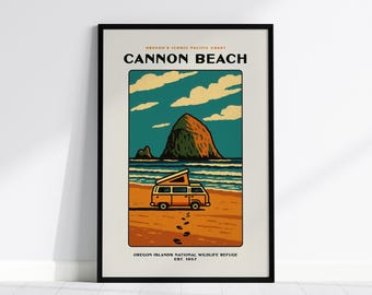 Cannon Beach Oregon Print: Vintage Haystack Rock Poster, Framed or Unframed
