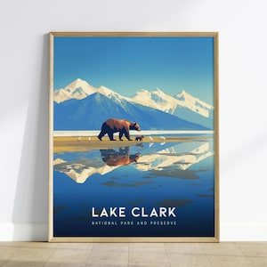 Lake Clark National Park Poster: Alaskan Mountain & Bear Art