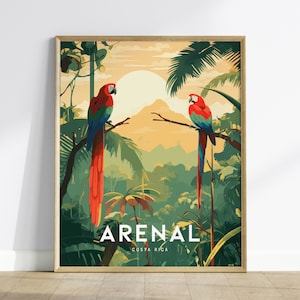 Volcán Arenal, Costa Rica, América Central - Póster de diseño de arte mural, impresión enmarcada de viaje, regalo de loro de la jungla tropical