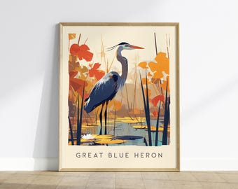 Great Blue Heron Poster: Bird Art Print, Wetland Wildlife Wall Art, Nature Decor, Coastal Marsh, Lake House Gift, \Framed or Unframed