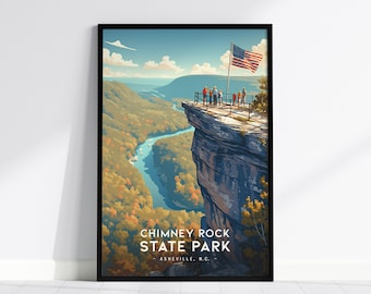 Impresión artística enmarcada del Parque Estatal Chimney Rock: Póster de viaje a Asheville, Carolina del Norte