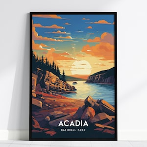 Parque Nacional Acadia, Maine, Arte mural enmarcado: diseño de póster de Bar Harbor, impresión de viaje, regalo de aventura para excursionistas, decoración del hogar de la costa atlántica