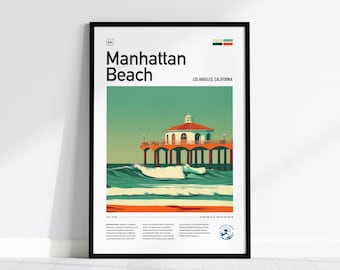 Impresión enmarcada del muelle de Manhattan Beach: arte surfero de California