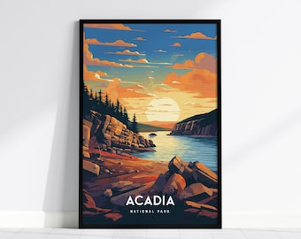 Póster del Parque Nacional Acadia: Impresión artística del atardecer costero de Maine