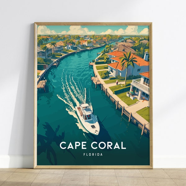 Cape Coral, Florida - Fort Myers Wall Art Poster Canal Fishing Boating South FL Travel Print Tropical Home Decor Gulf Fisherman Gift Set