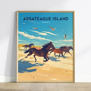 Póster de viaje enmarcado de la isla de Assateague, impresión de póster de viaje de la isla de Assateague, arte de la isla de Assateague, Virginia, decoración del hogar en la costa atlántica