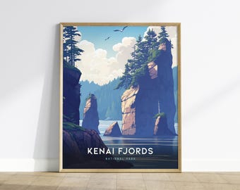 Plakat Parku Narodowego Kenai Fjords: Sztuka krajobrazu wybrzeża Alaski