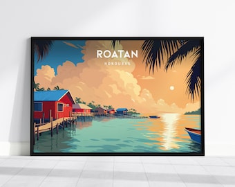 Roatan Landscape Poster, Honduras Travel Wall Art, Tropical Destination Print, Framed or Unframed