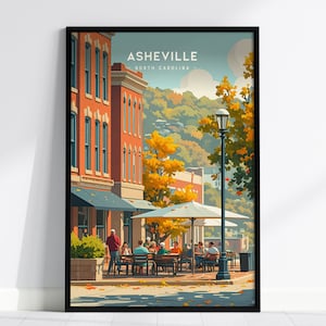 Asheville Downtown, North Carolina, Framed Wall Art, NC Travel Poster Print Appalachian Mountains Vacation Home Cabin Decor Artwork Gift Set