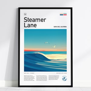 Steamer Lane Santa Cruz Surf Spot Framed Poster, California Surfer Wall Art, CA Surf Wave Travel Print, Minimal Design Surfing Decor Gift