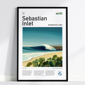 Sebastian Inlet Surf Spot ingelijste poster Melbourne Beach Florida Wave FL reizen print surfer decor surfen minimale man Cave deining scènes cadeau