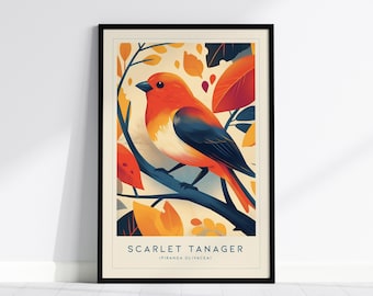 Scarlet Tanager Bird Framed Wall Art: Modern Cottagecore Print