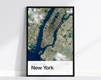 New York Satellite Poster, Manhattan From Space, NYC Seen From Orbit, Real Sentinel-2 Aerial Photography, City Map Print, New York Gift