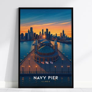 Navy Pier, Chicago, Illinois Poster – Iconic Skyline Sunset Wall Art, Framed/Unframed Print, Perfect Gift for Mother&#39;s Day, Windy City Decor