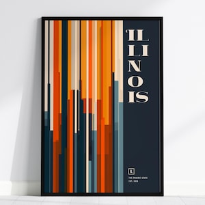 Póster de Illinois, el estado de las praderas: paisaje urbano abstracto, diseño colorido, disponible con o sin marco, ideal para la decoración moderna de la oficina en el hogar