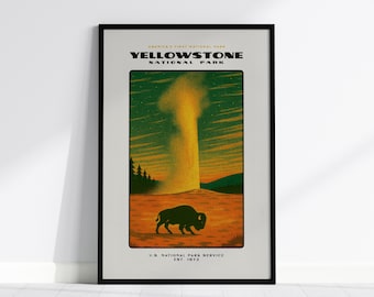 Yellowstone nationalpark-tryck: Vintage reseaffisch, Old Faithful-väggkonst, inramad eller oramad