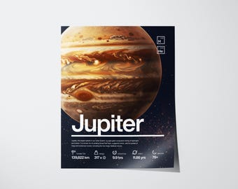 May include: A poster featuring a detailed illustration of Jupiter, showcasing its swirling cloud bands in shades of brown, orange, and cream. The word "Jupiter" is prominently displayed in white. Includes scientific data: diameter 139,822 km, mass 317x, rotation 9.9 hrs, orbit 11.86 yrs, and 79+ moons.