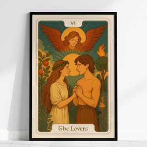 Affiche de carte de tarot des amoureux - impression d'amour des arcanes majeurs, art mural romantique, illustration de l'union divine, encadré ou non, déco Art nouveau