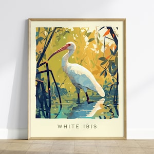 Póster con diseño de pájaro tropical de manglares, arte de pared enmarcado con diseño de ibis blanco, vida silvestre de Florida, decoración para el hogar, playa, cabaña, observador de aves