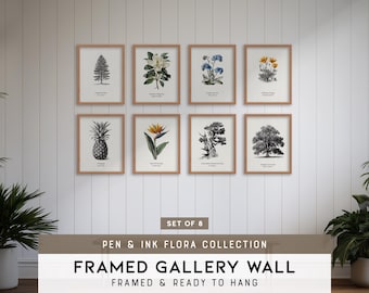 Pen & Ink Flora Gallery Wall Set of 8, Pen and Ink Flora, Bedroom Wall Art