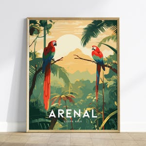Plakat z wulkanem Arenal: Dżungla Kostaryki, Szkarłatne Ary, wydruk podróżny