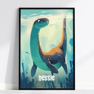 Nessie - Cute Cryptids Series Loch Ness Monster Kids Room Framed Poster Art Children's Illustration Toddler Boys Bedroom Nursery Print Set