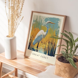 Biała czapla, Floryda Ptaki Dzikie Zwierzęta Oprawione Ścienne Sztuka: Plakat z Ptakami Przyrodniczymi Projekt Podróży Wydruk Jezioro Dom Plaża Domek Ptaki Dekoracje Zestaw zdjęcie 5