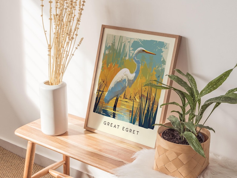 Biała czapla, Floryda Ptaki Dzikie Zwierzęta Oprawione Ścienne Sztuka: Plakat z Ptakami Przyrodniczymi Projekt Podróży Wydruk Jezioro Dom Plaża Domek Ptaki Dekoracje Zestaw zdjęcie 5