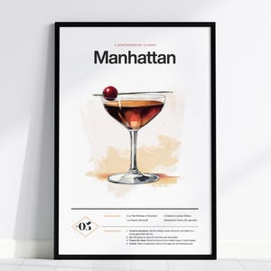 Impresión de cóctel Manhattan: póster con receta clásica de whisky de centeno, arte minimalista para bar, con o sin marco, decoración vintage para pared de bar o cocina.