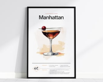 Manhattan Cocktail Recipe Print: Minimalist Vintage Bar Art