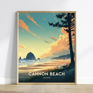 Cannon Beach Oregon Poster: Haystack Rock Coastal Art, Pacific Northwest Print, Oregon Coast Gift, Beach Decor, Vintage, Framed or Unframed